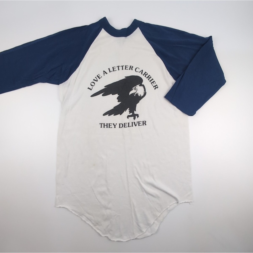 Vintage 80s Stedman Postal Worker Raglan Shirt Mens M 38-40 Curved Hem USA Made
